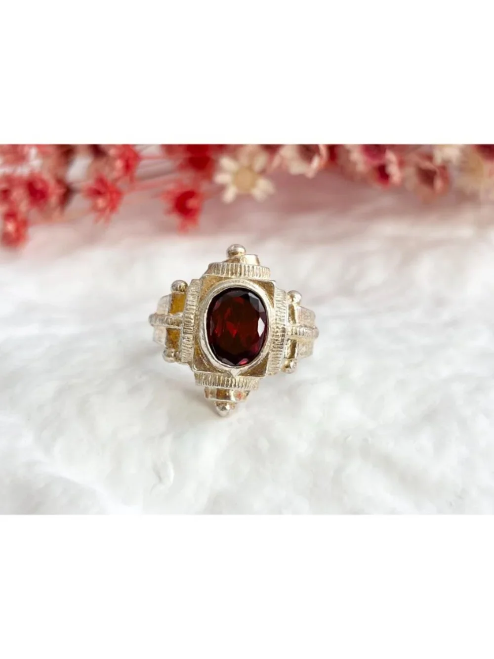Art Deco Garnet Gemstone Geometric Sterling Silver 925 Vintage Ring - sz 8.75